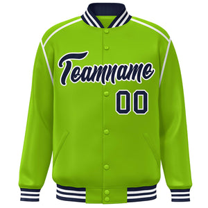 Custom Neon Green Navy-White Color Block Ribbon Varsity Full-Snap Bomber Jacket