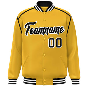 Custom Yellow Black-White Color Block Ribbon Varsity Full-Snap Bomber Jacket