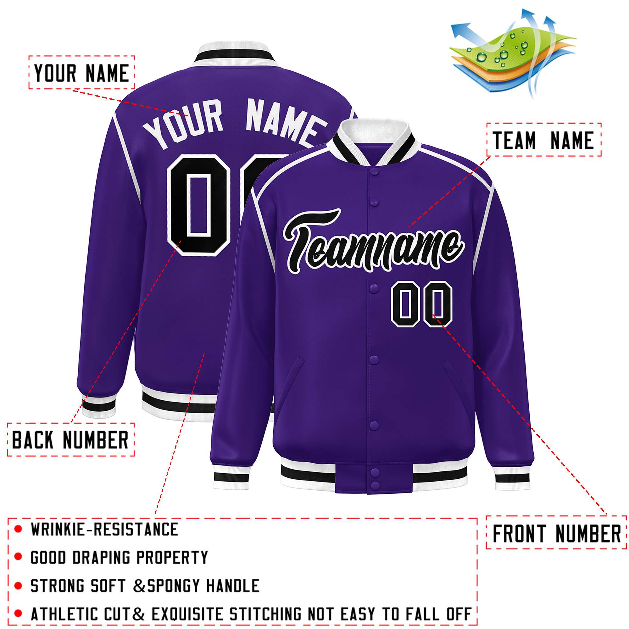 Custom Purple Black-White Color Block Ribbon Varsity Full-Snap Bomber Jacket