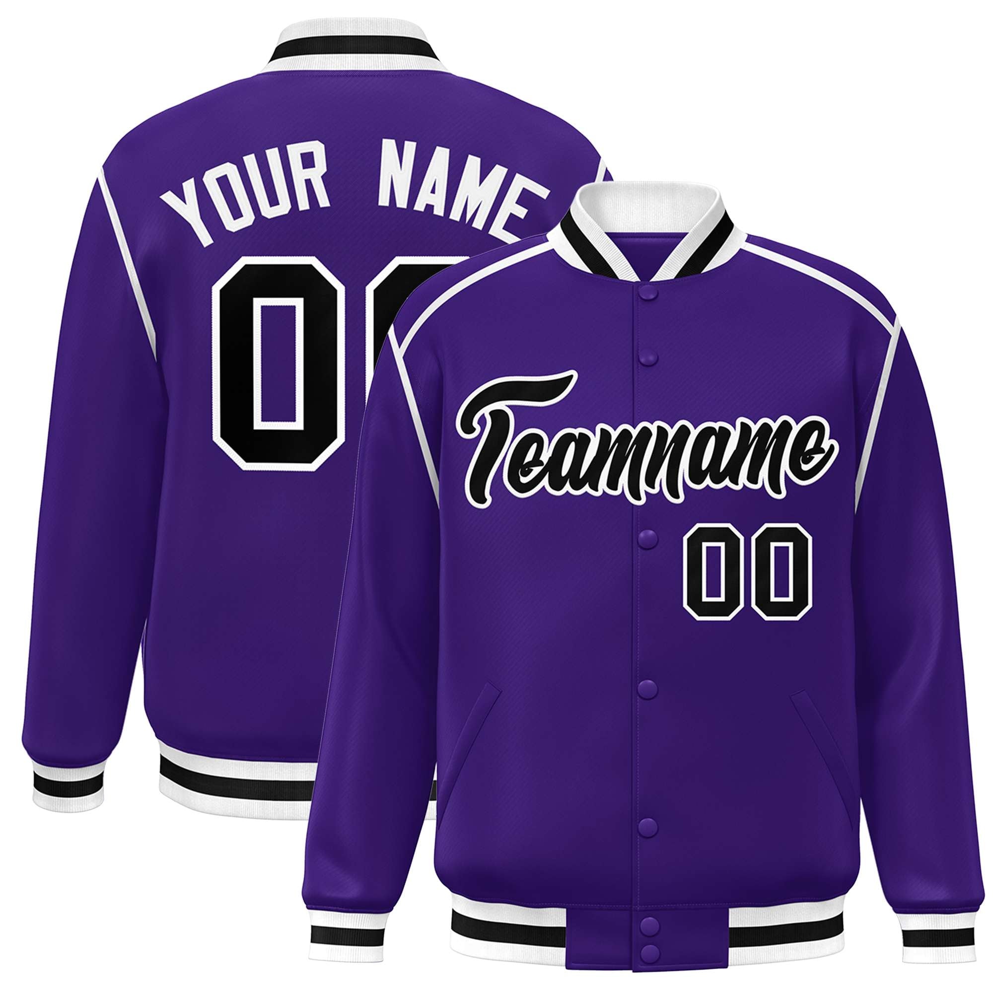 Custom Purple Black-White Color Block Ribbon Varsity Full-Snap Bomber Jacket