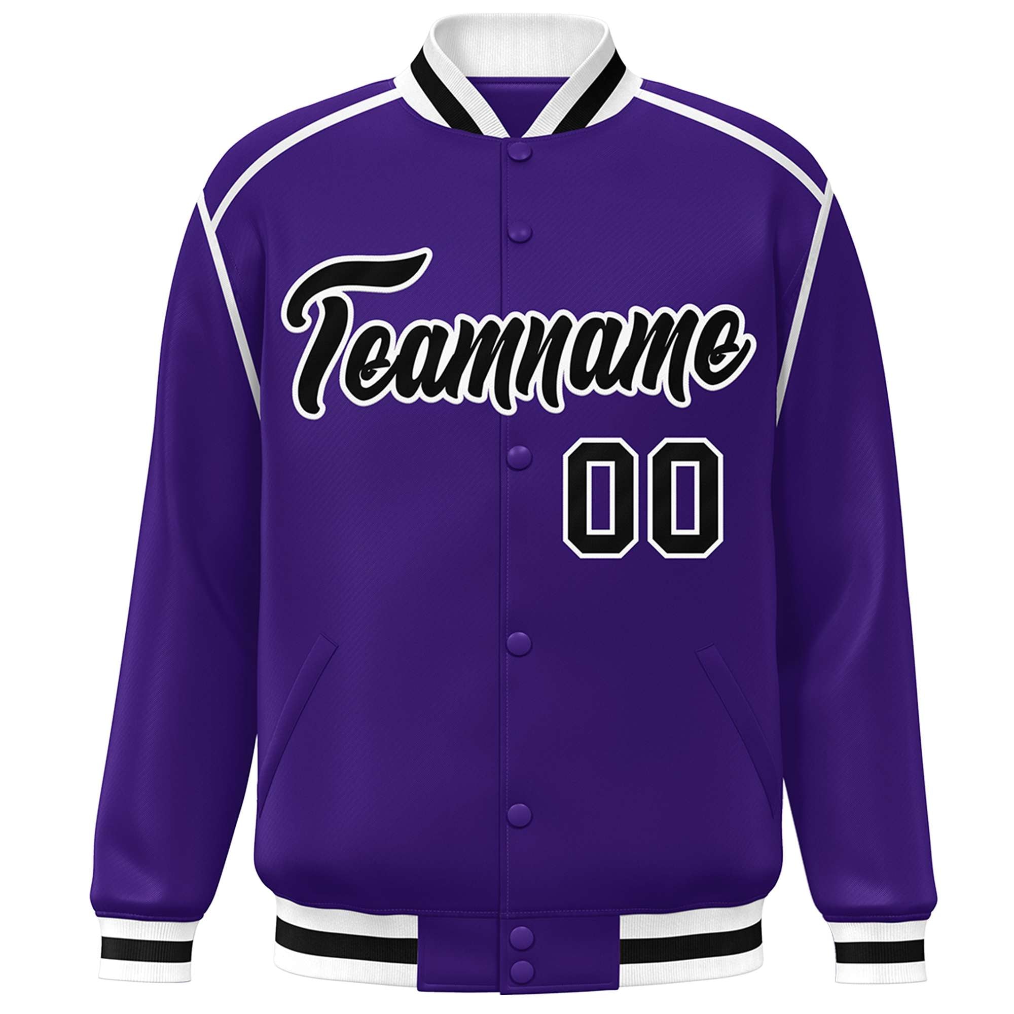 Custom Purple Black-White Color Block Ribbon Varsity Full-Snap Bomber Jacket