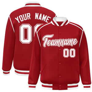 Custom Red White Color Block Ribbon Varsity Full-Snap Bomber Jacket