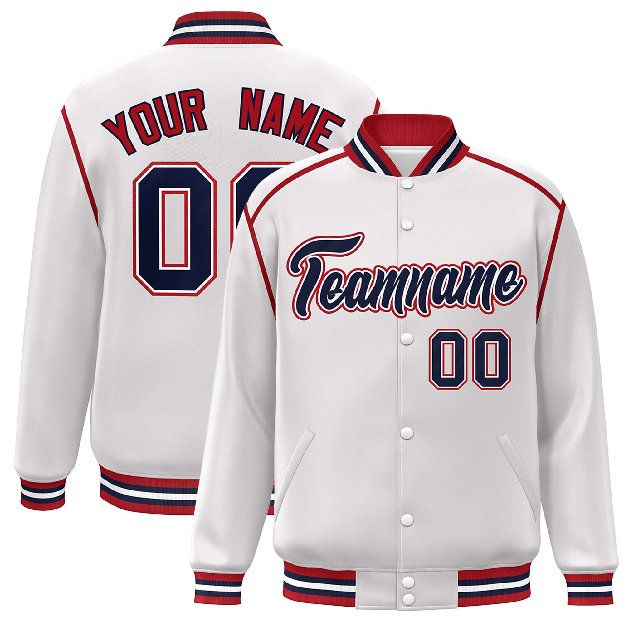 Custom White Navy-Red Color Block Ribbon Varsity Full-Snap Bomber Jacket