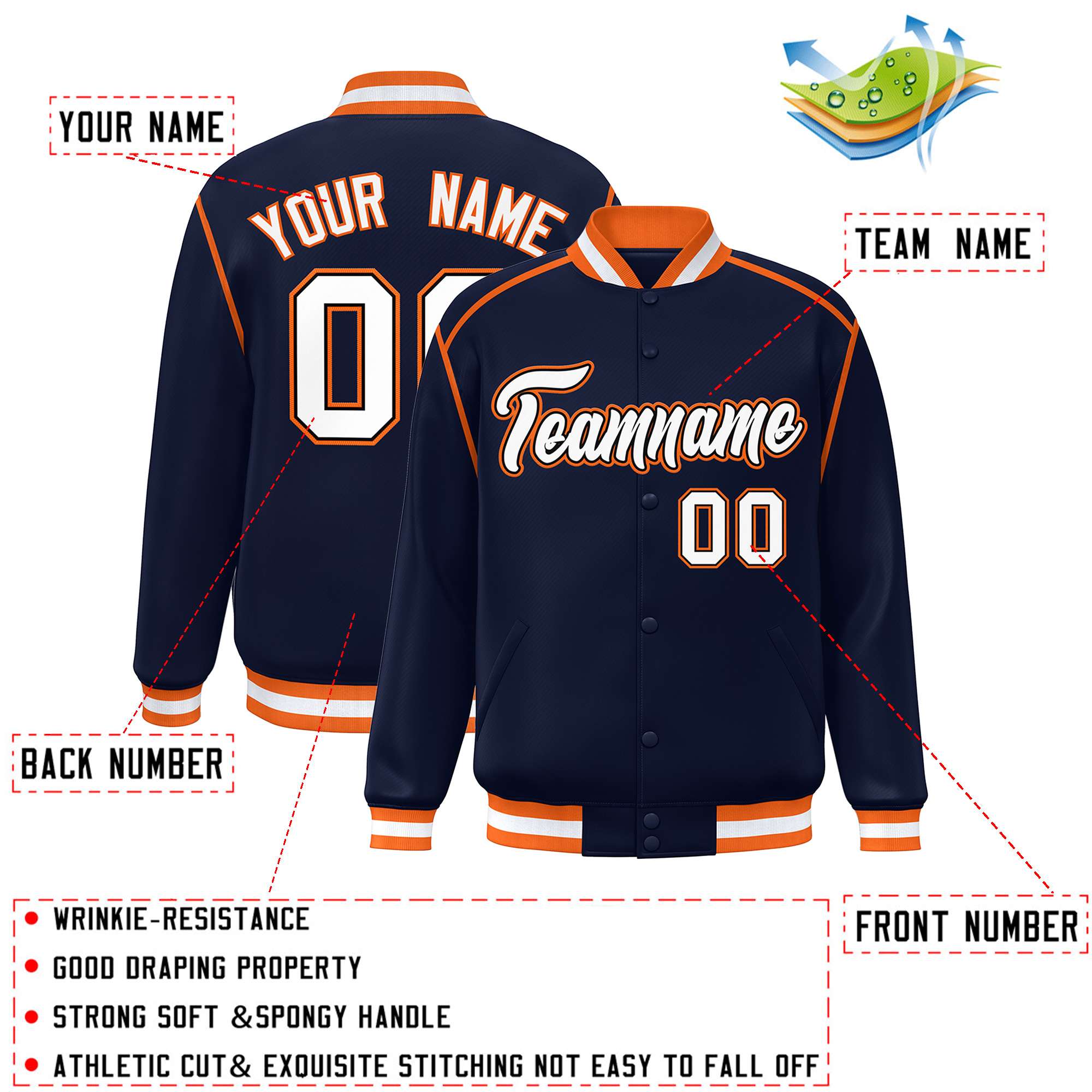 Custom Navy White-Orange Color Block Ribbon Varsity Full-Snap Bomber Jacket