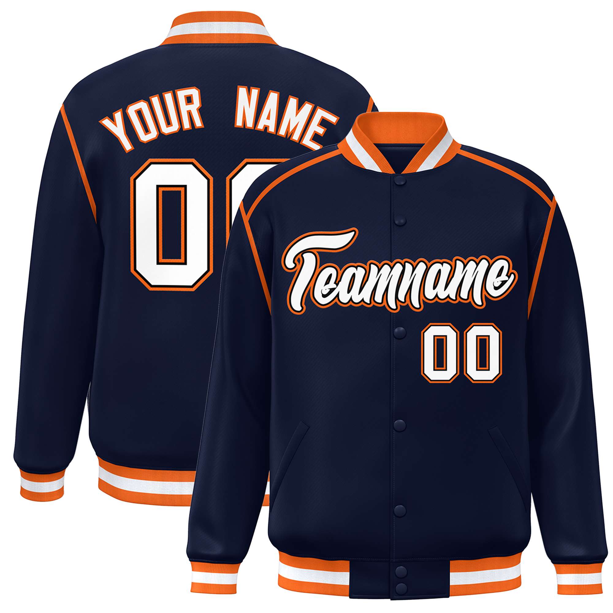 Custom Navy White-Orange Color Block Ribbon Varsity Full-Snap Bomber Jacket