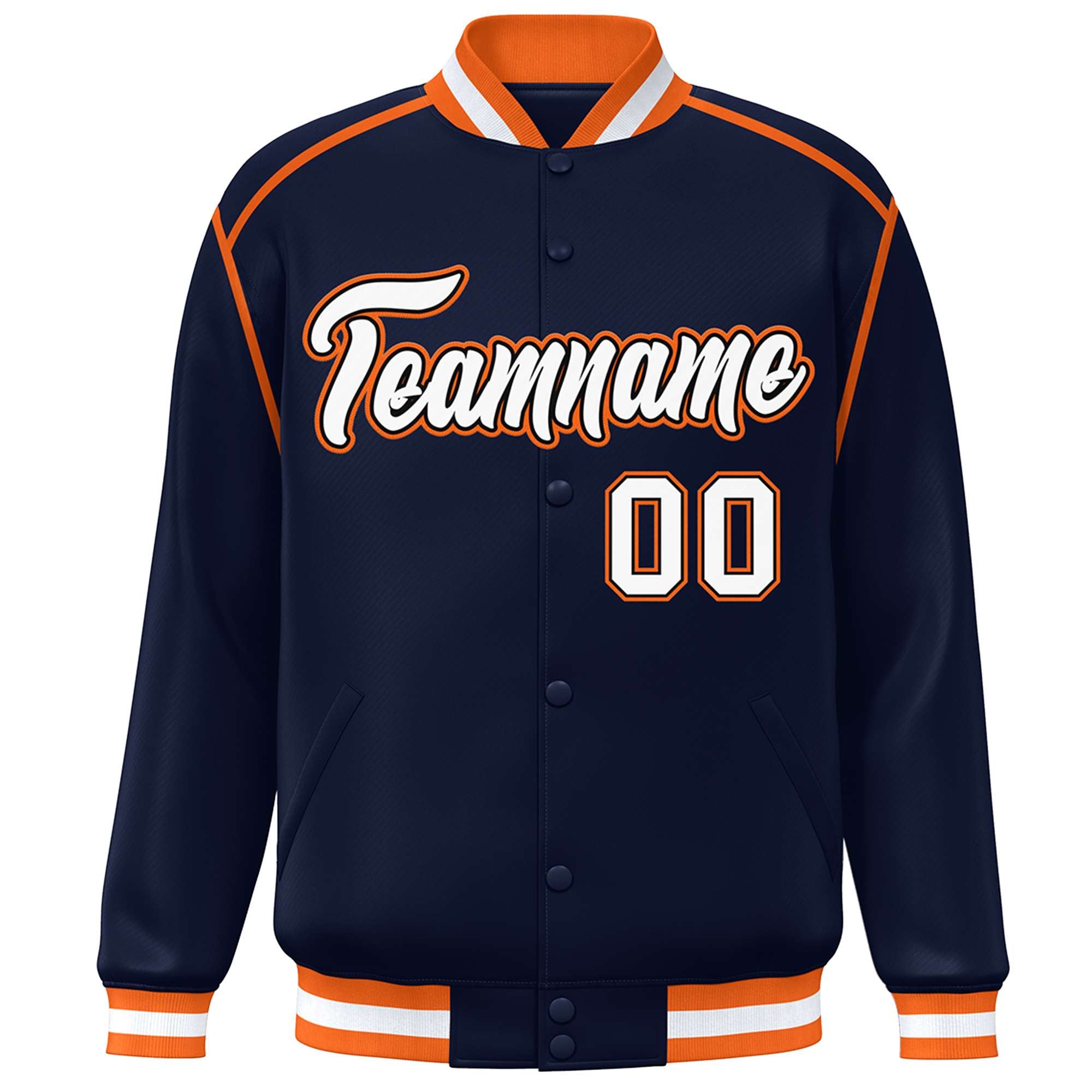 Custom Navy White-Orange Color Block Ribbon Varsity Full-Snap Bomber Jacket