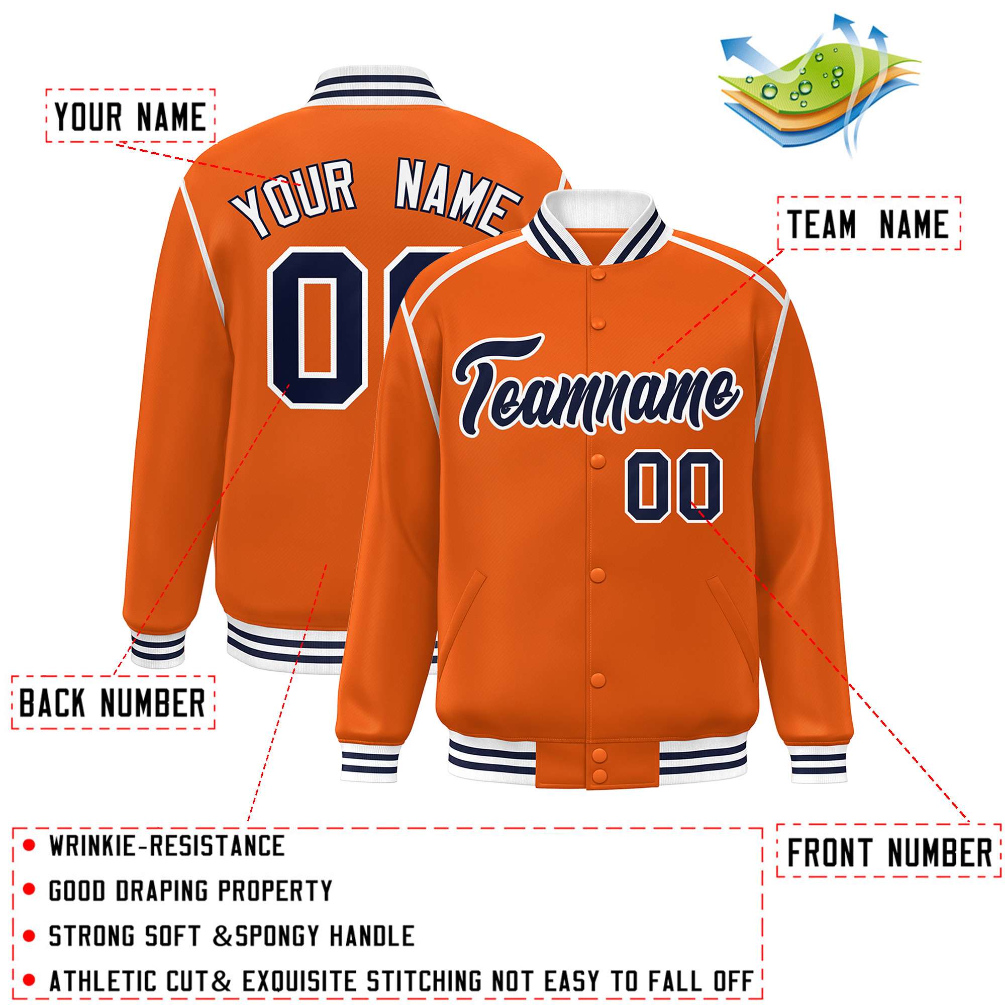 Custom Orange Navy-White Color Block Ribbon Varsity Full-Snap Bomber Jacket