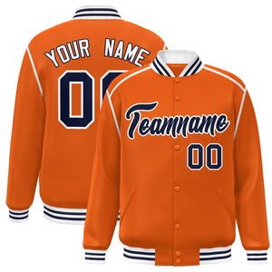 Custom Orange Navy-White Color Block Ribbon Varsity Full-Snap Bomber Jacket