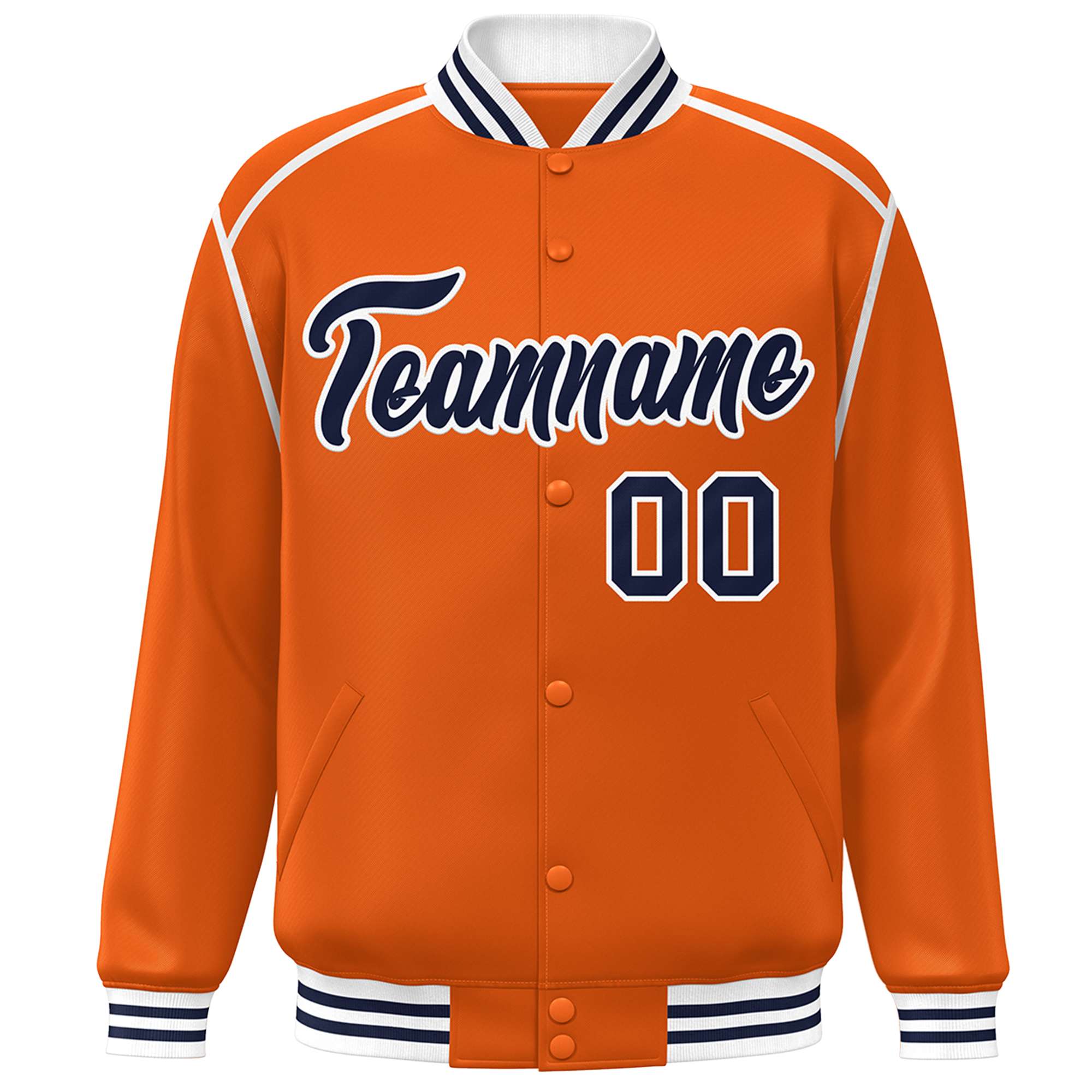 Custom Orange Navy-White Color Block Ribbon Varsity Full-Snap Bomber Jacket