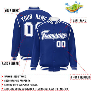 Custom Royal White Color Block Ribbon Varsity Full-Snap Bomber Jacket