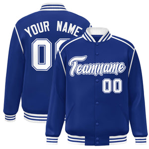 Custom Royal White Color Block Ribbon Varsity Full-Snap Bomber Jacket