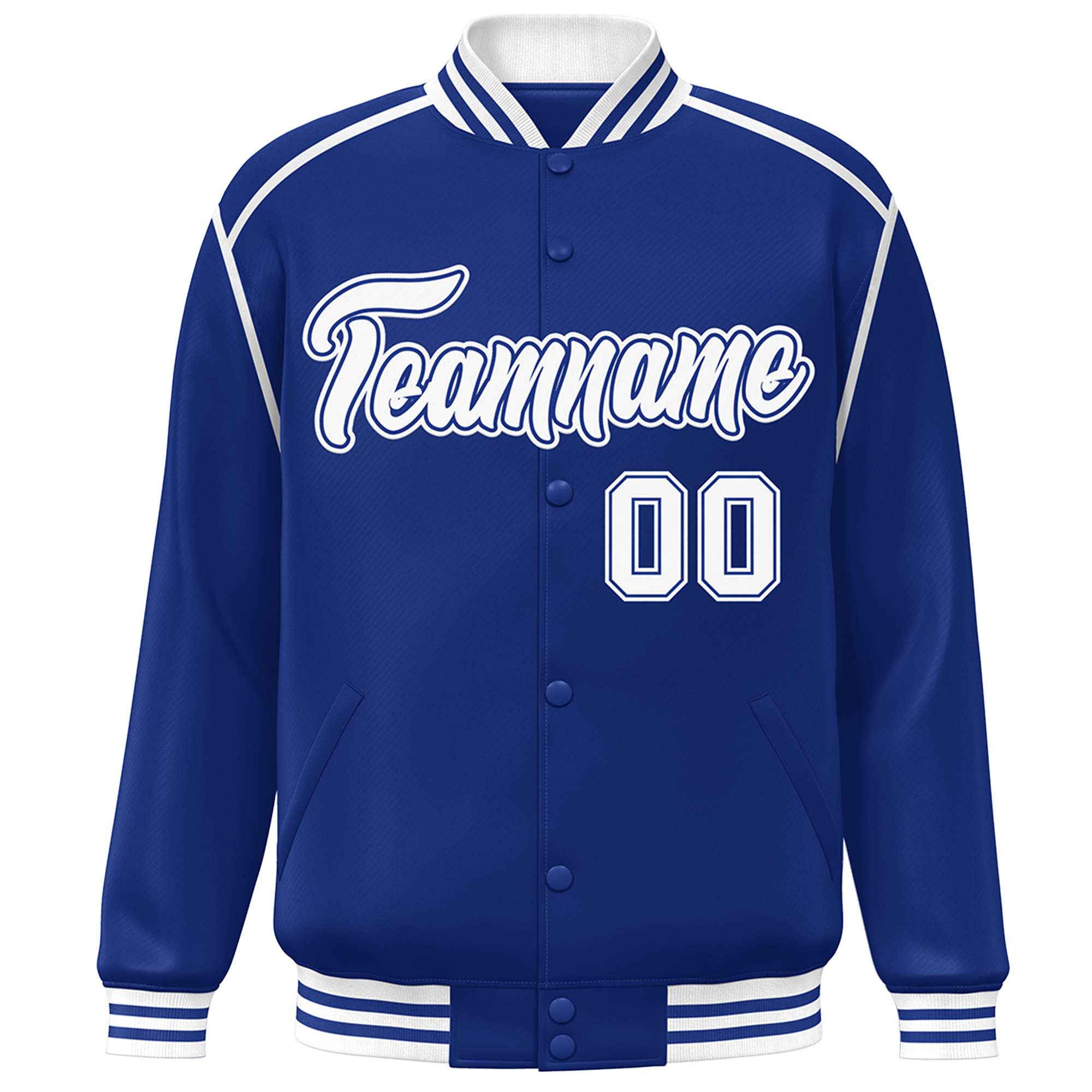 Custom Royal White Color Block Ribbon Varsity Full-Snap Bomber Jacket