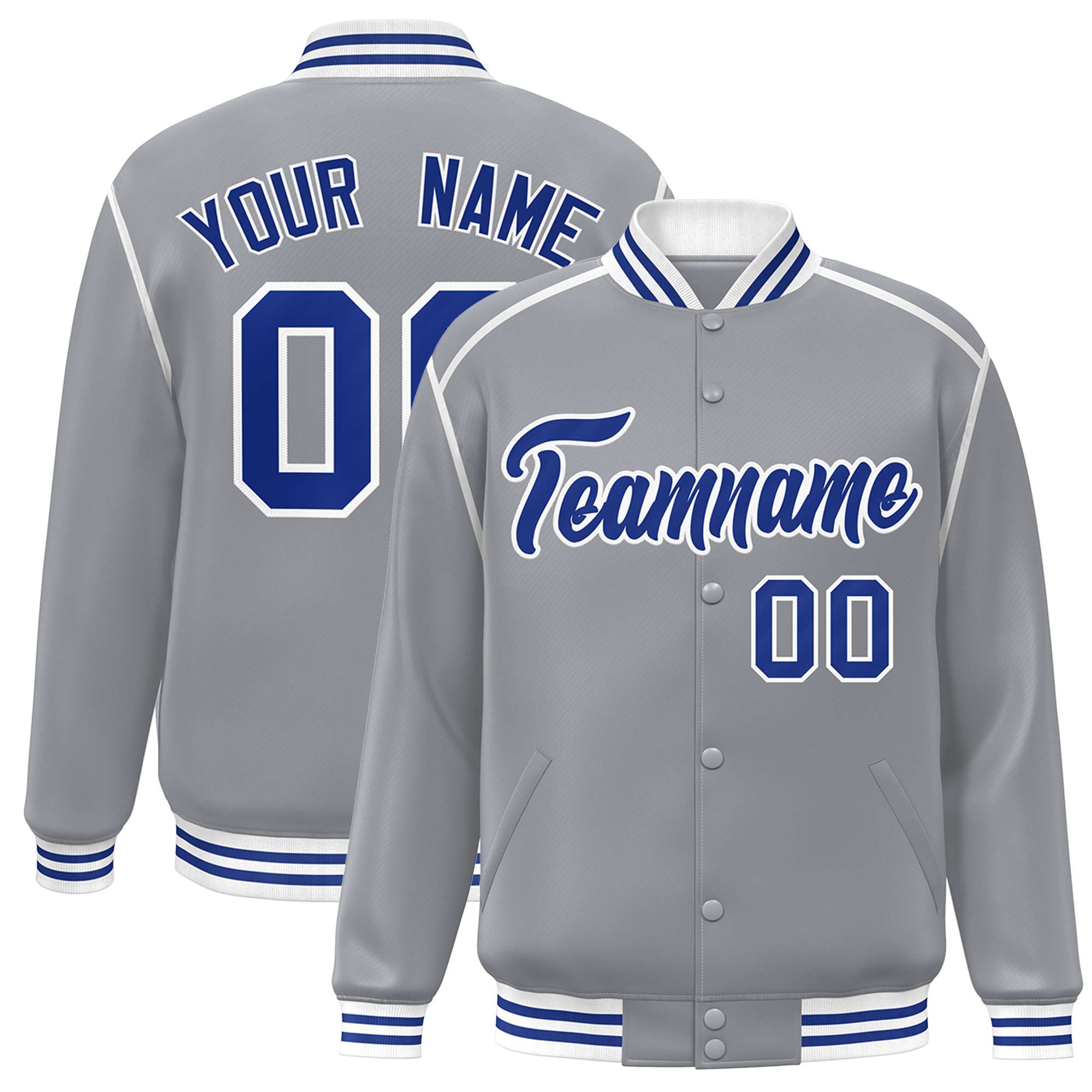 Custom Gray Royal-White Color Block Ribbon Varsity Full-Snap Bomber Jacket