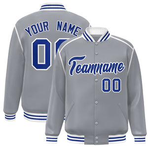 Custom Gray Royal-White Color Block Ribbon Varsity Full-Snap Bomber Jacket