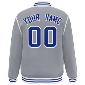 Custom Gray Royal-White Color Block Ribbon Varsity Full-Snap Bomber Jacket