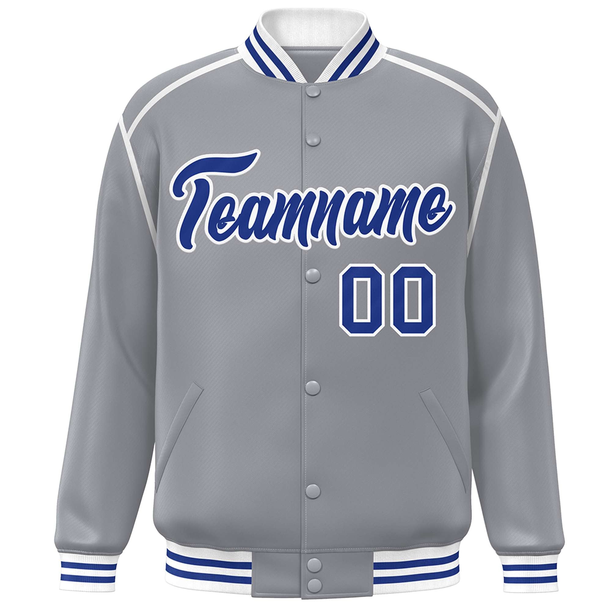 Custom Gray Royal-White Color Block Ribbon Varsity Full-Snap Bomber Jacket