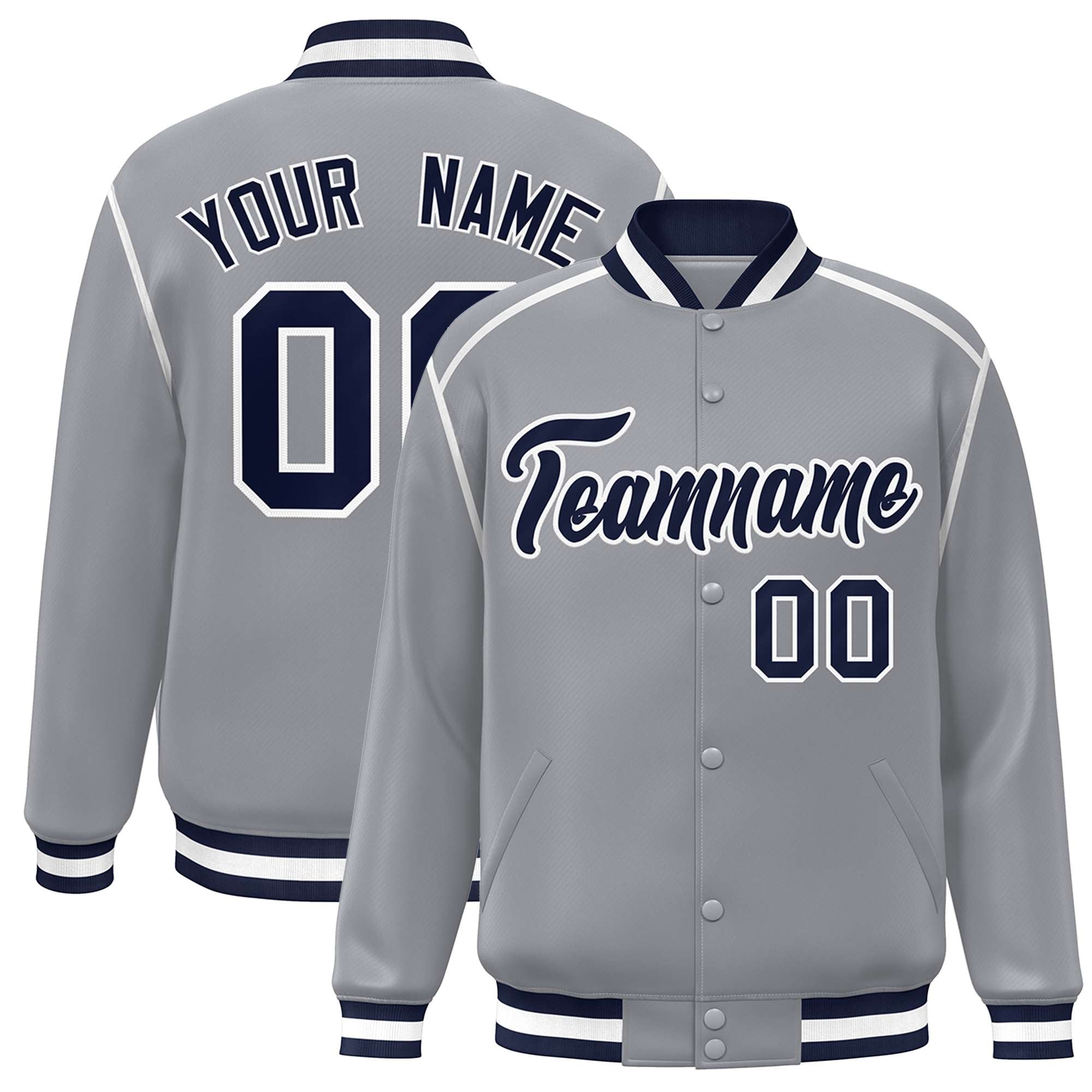 Custom Gray Navy-White Color Block Ribbon Varsity Full-Snap Bomber Jacket