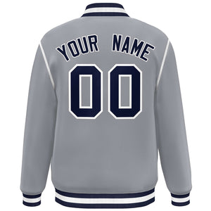 Custom Gray Navy-White Color Block Ribbon Varsity Full-Snap Bomber Jacket