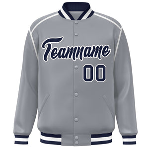 Custom Gray Navy-White Color Block Ribbon Varsity Full-Snap Bomber Jacket