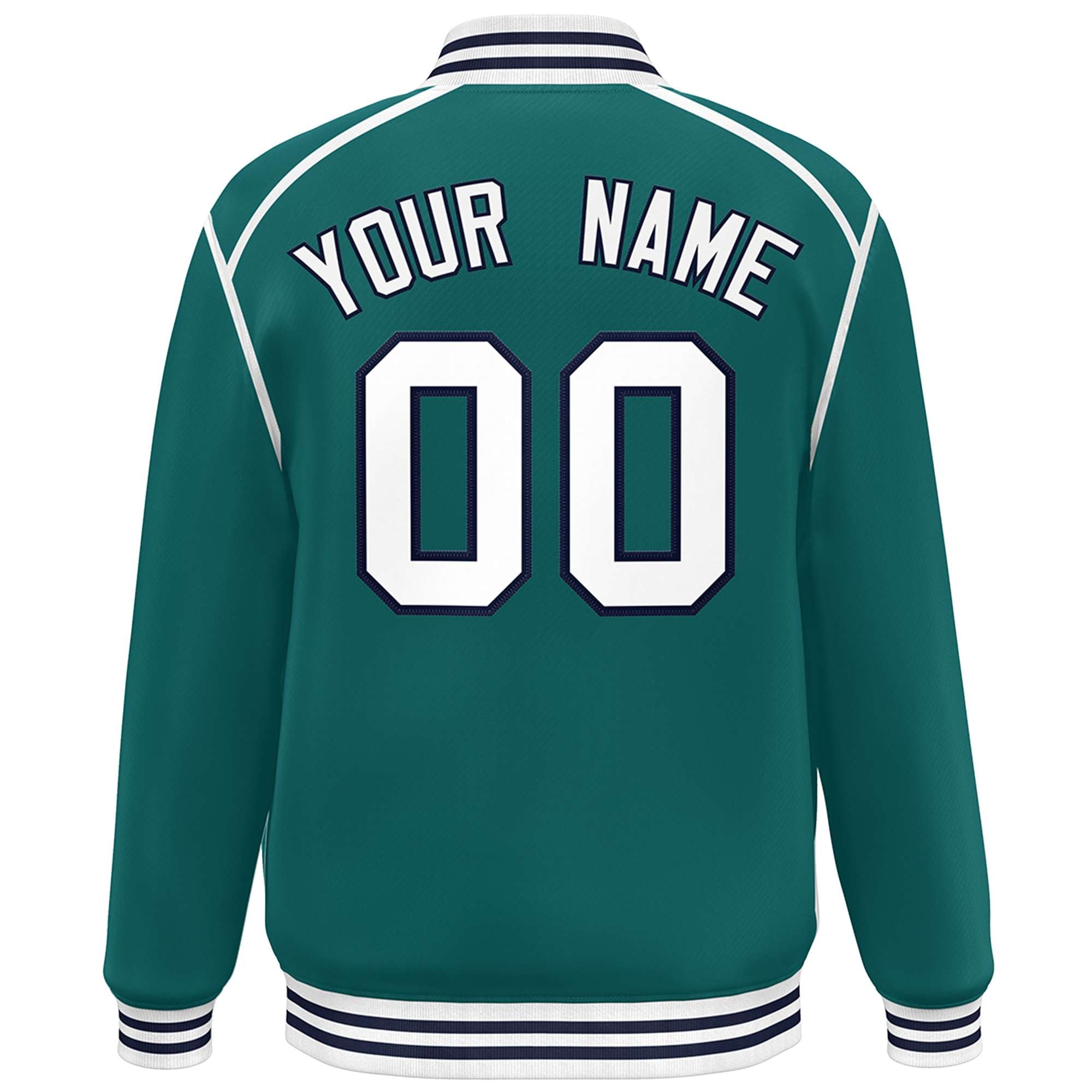 Custom Aqua White-Navy Color Block Ribbon Varsity Full-Snap Bomber Jacket