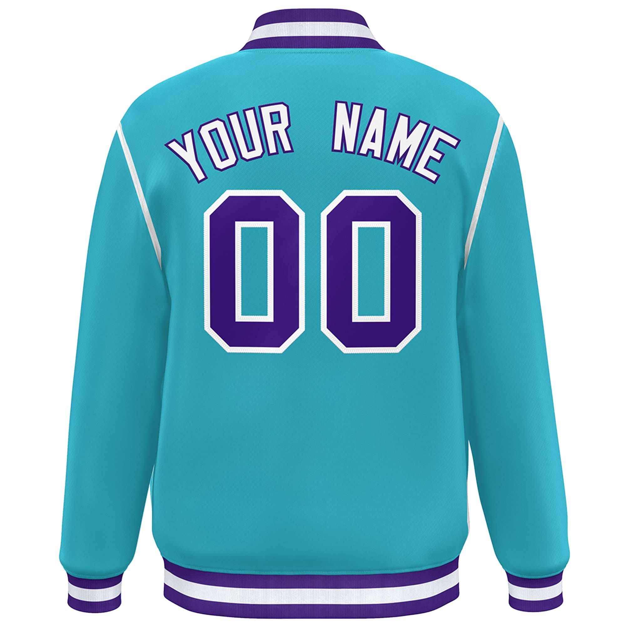 Custom Aqua Purple-White Color Block Ribbon Varsity Full-Snap Bomber Jacket