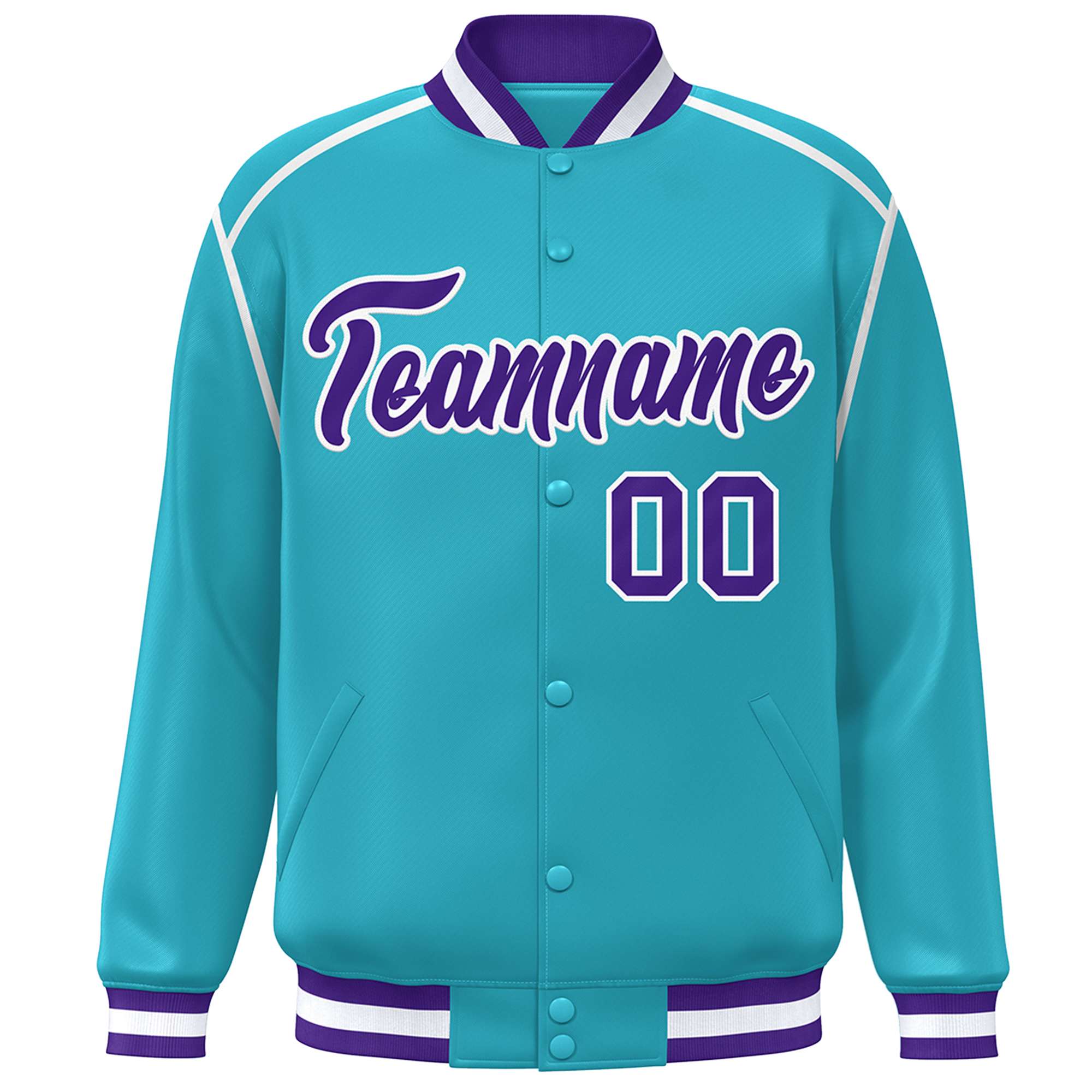 Custom Aqua Purple-White Color Block Ribbon Varsity Full-Snap Bomber Jacket