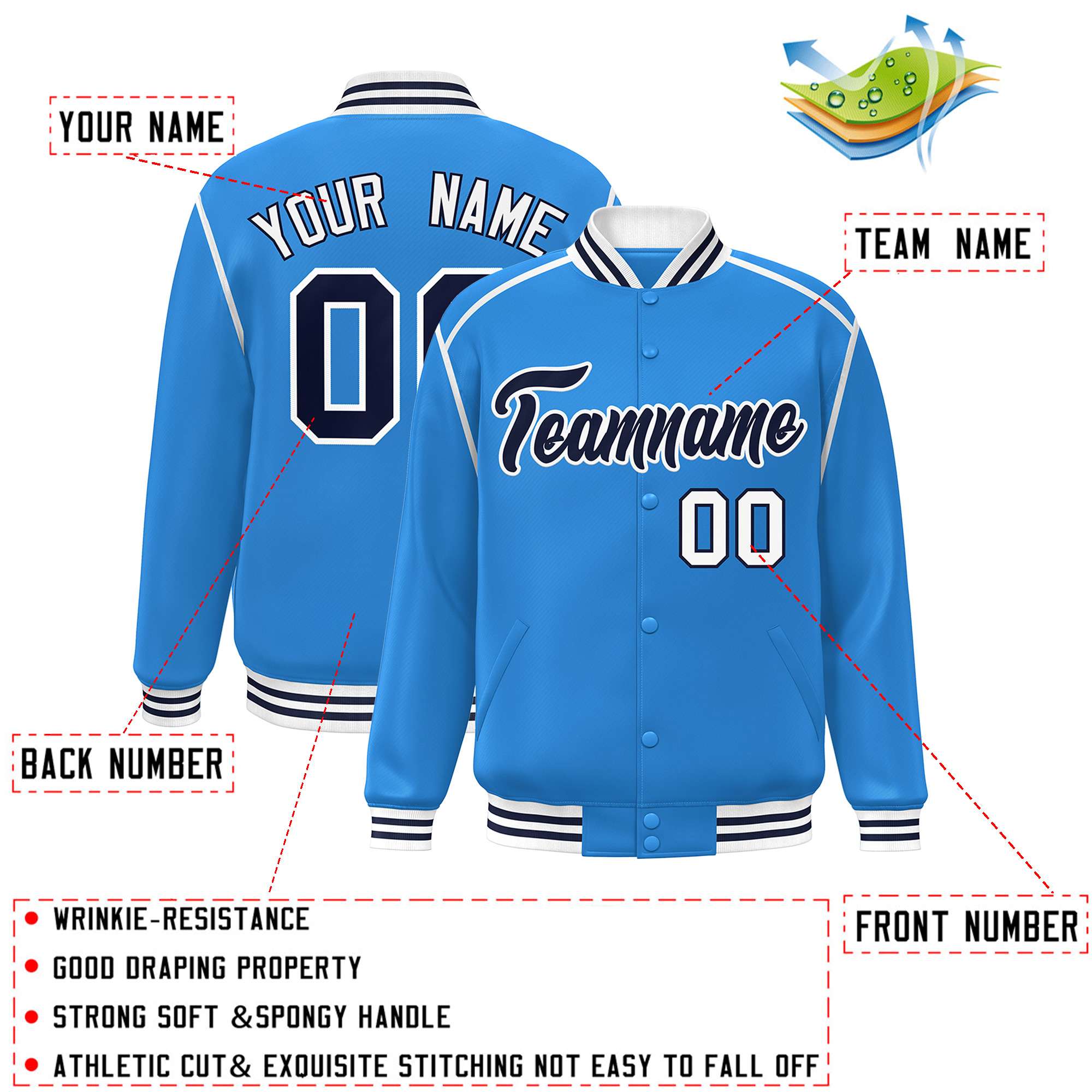 Custom Powder Blue Navy-White Color Block Ribbon Varsity Full-Snap Bomber Jacket