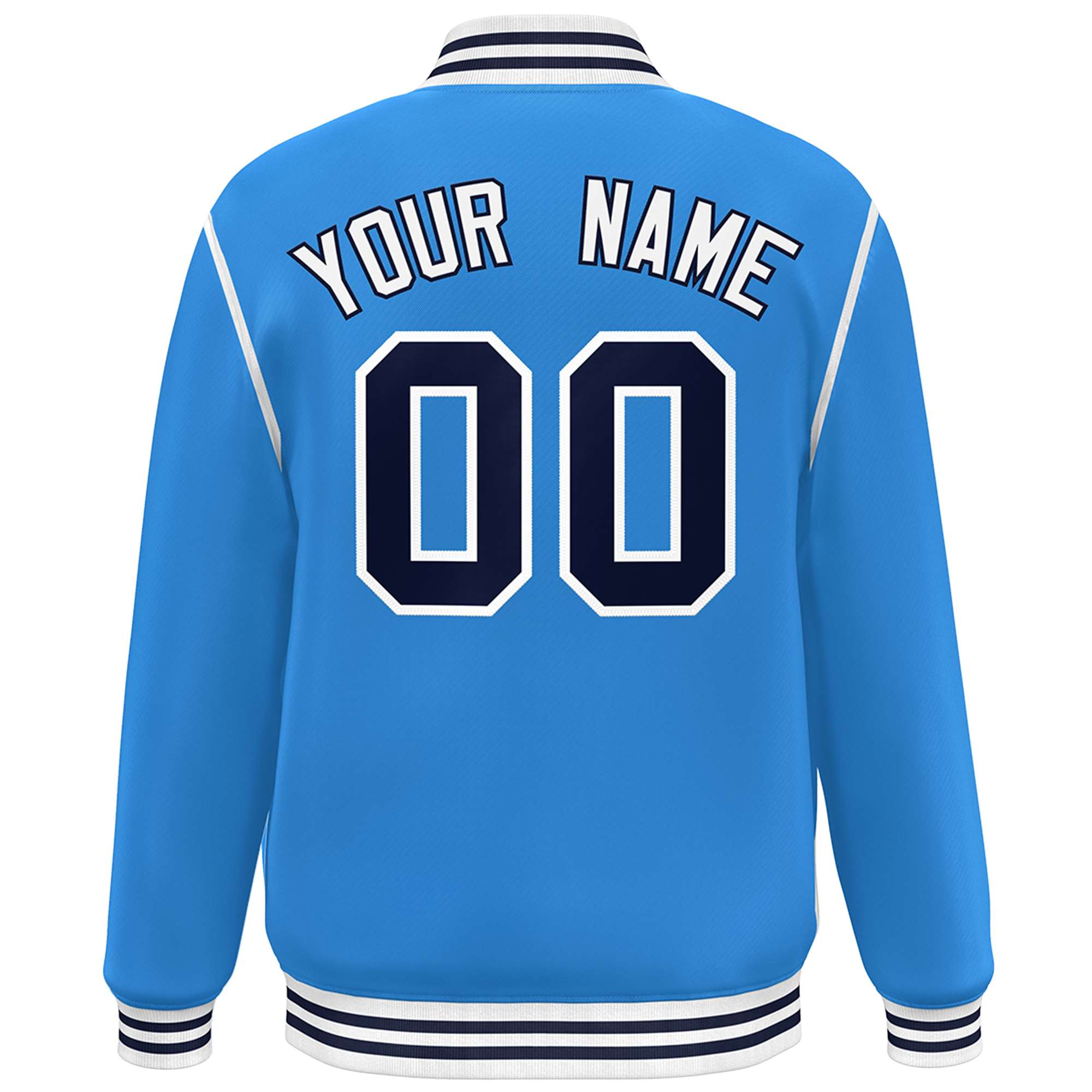 Custom Powder Blue Navy-White Color Block Ribbon Varsity Full-Snap Bomber Jacket