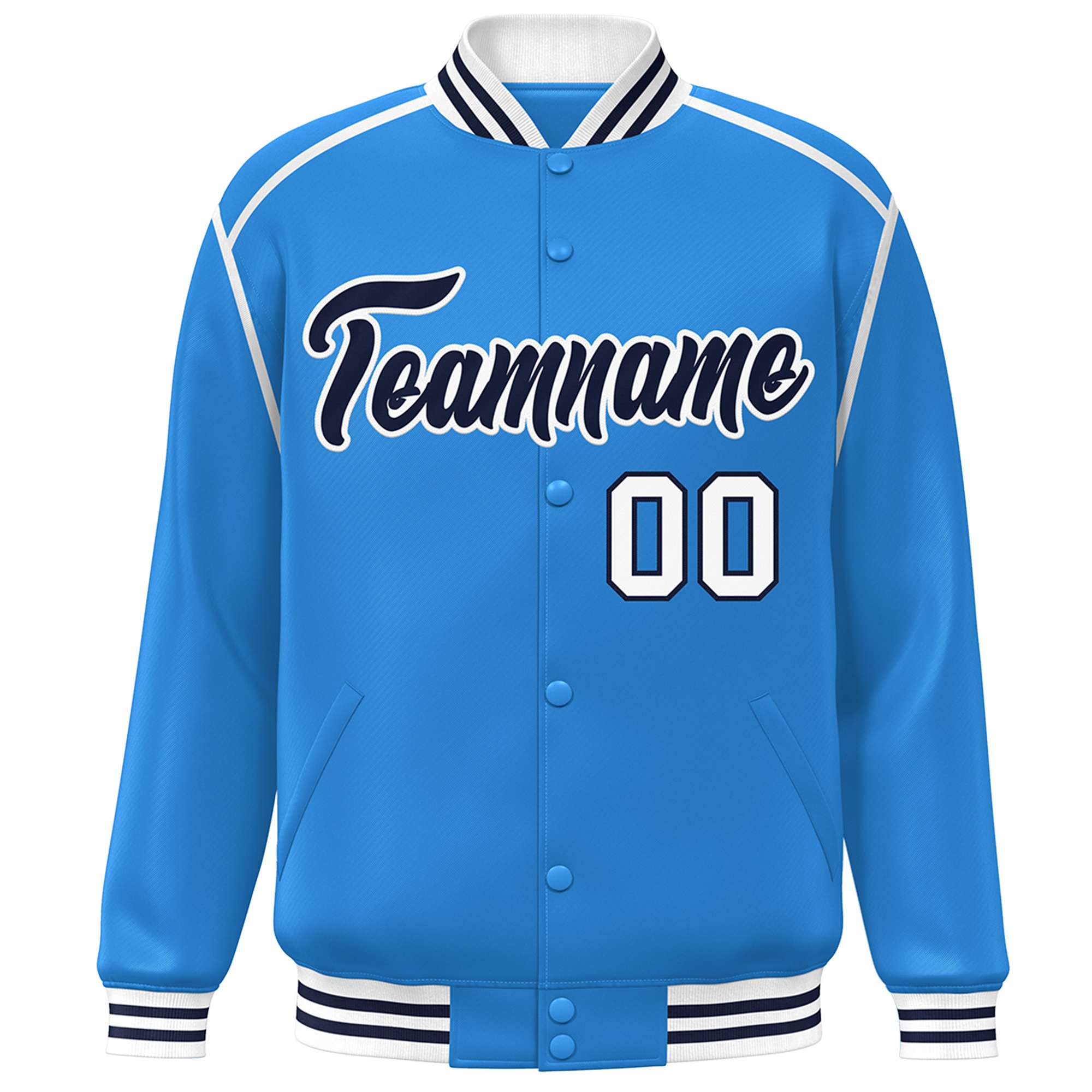 Custom Powder Blue Navy-White Color Block Ribbon Varsity Full-Snap Bomber Jacket