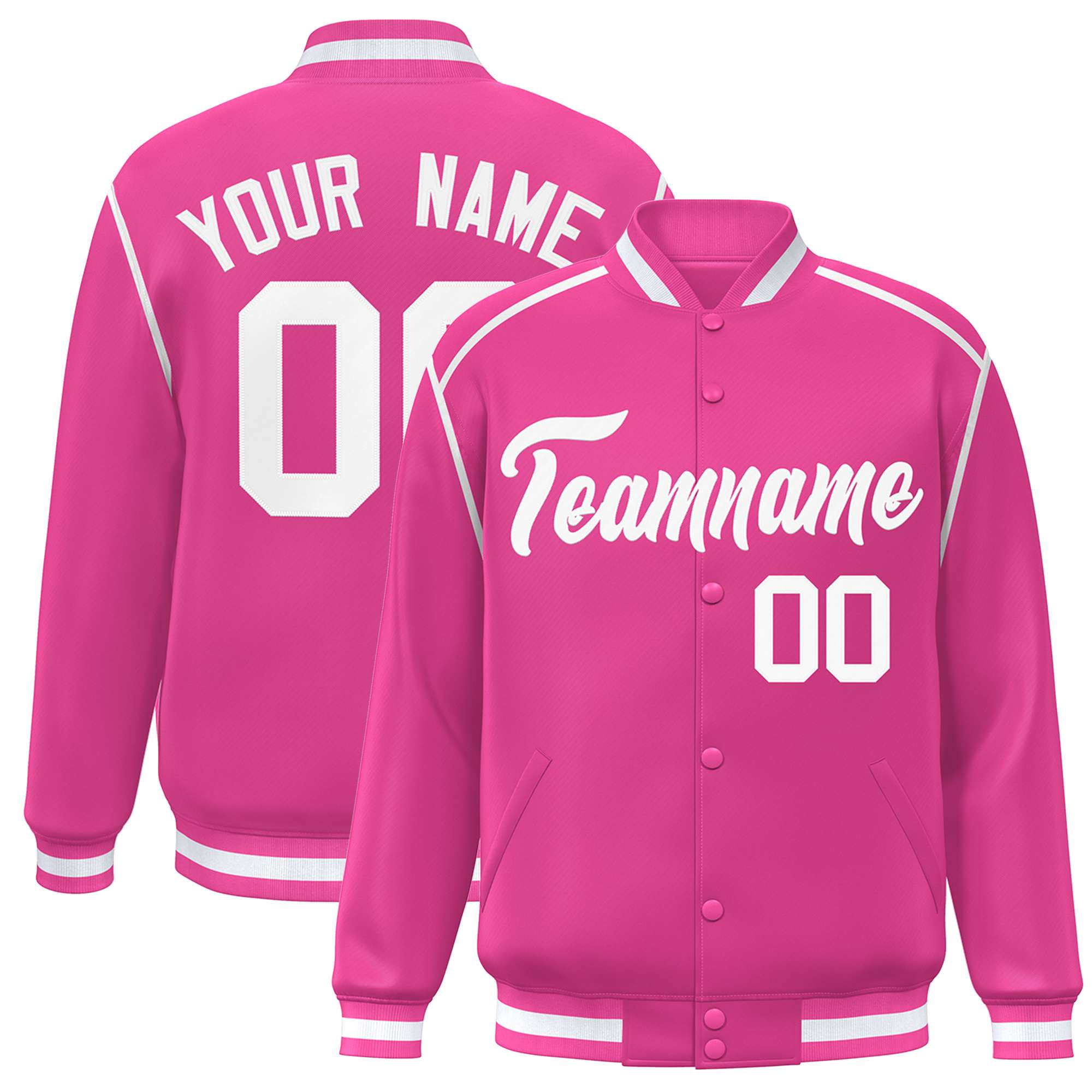 Custom Pink White Color Block Ribbon Varsity Full-Snap Bomber Jacket