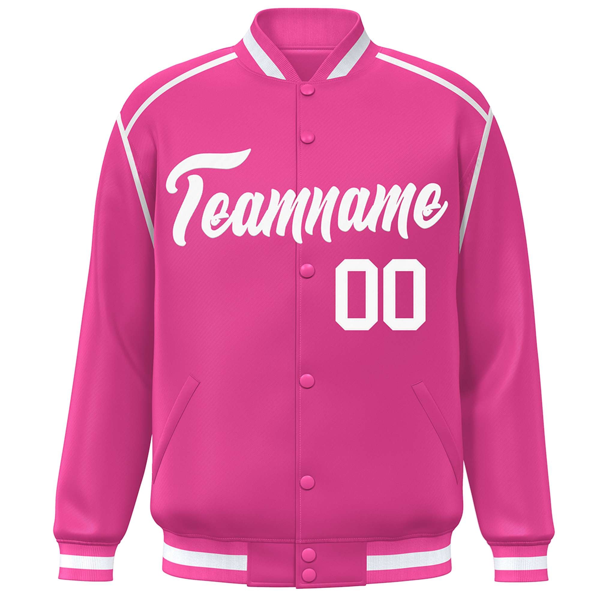 Custom Pink White Color Block Ribbon Varsity Full-Snap Bomber Jacket