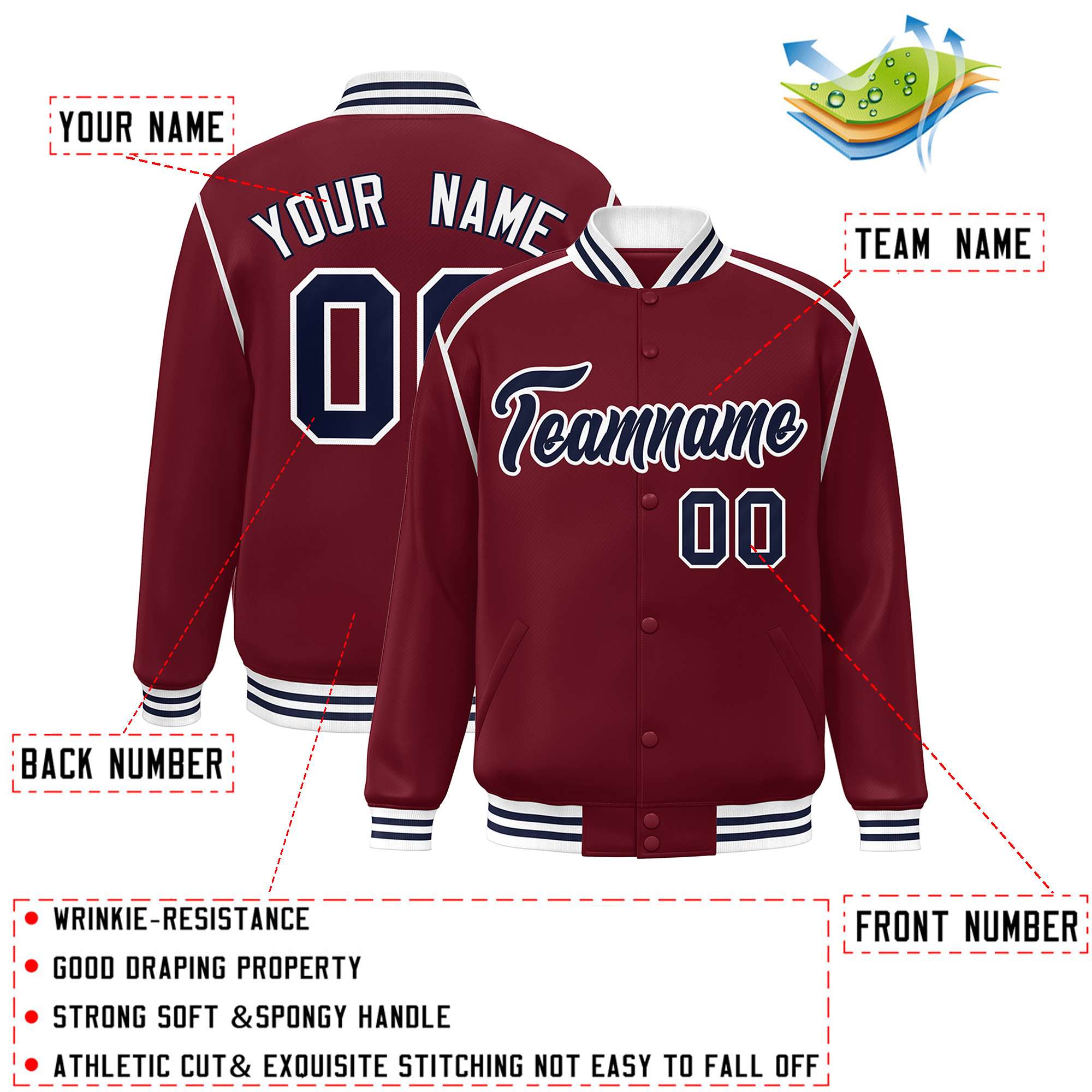 Custom Crimson Navy-White Color Block Ribbon Varsity Full-Snap Bomber Jacket