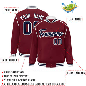 Custom Crimson Navy-White Color Block Ribbon Varsity Full-Snap Bomber Jacket