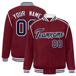 Custom Crimson Navy-White Color Block Ribbon Varsity Full-Snap Bomber Jacket