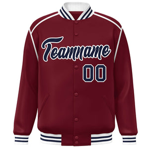 Custom Crimson Navy-White Color Block Ribbon Varsity Full-Snap Bomber Jacket