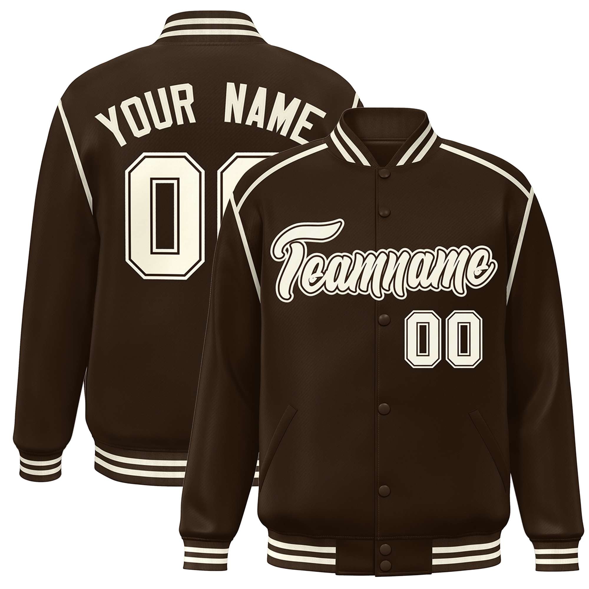 Custom Brown Cream Color Block Ribbon Varsity Full-Snap Bomber Jacket