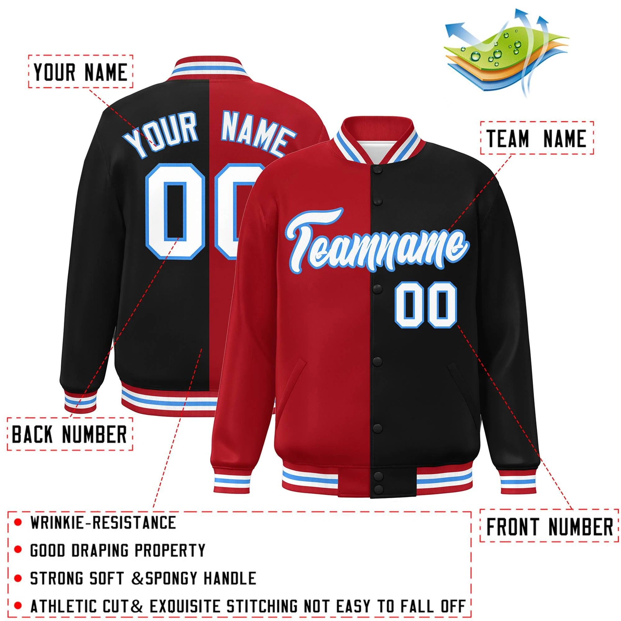 Custom Black Red-White Letterman Two Tone Split Fashion Varsity Full-Snap Jacket