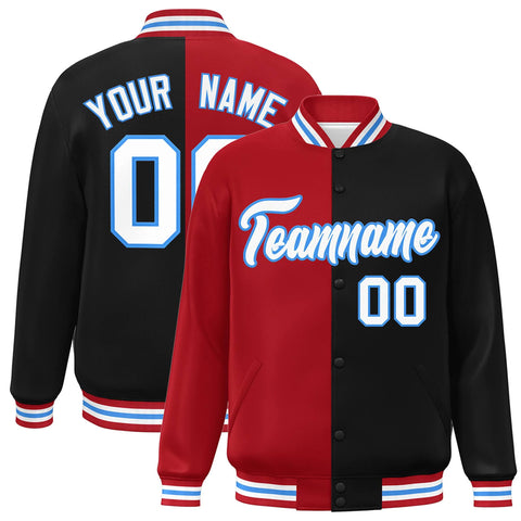 Custom Black Red-White Letterman Two Tone Split Fashion Varsity Full-Snap Jacket