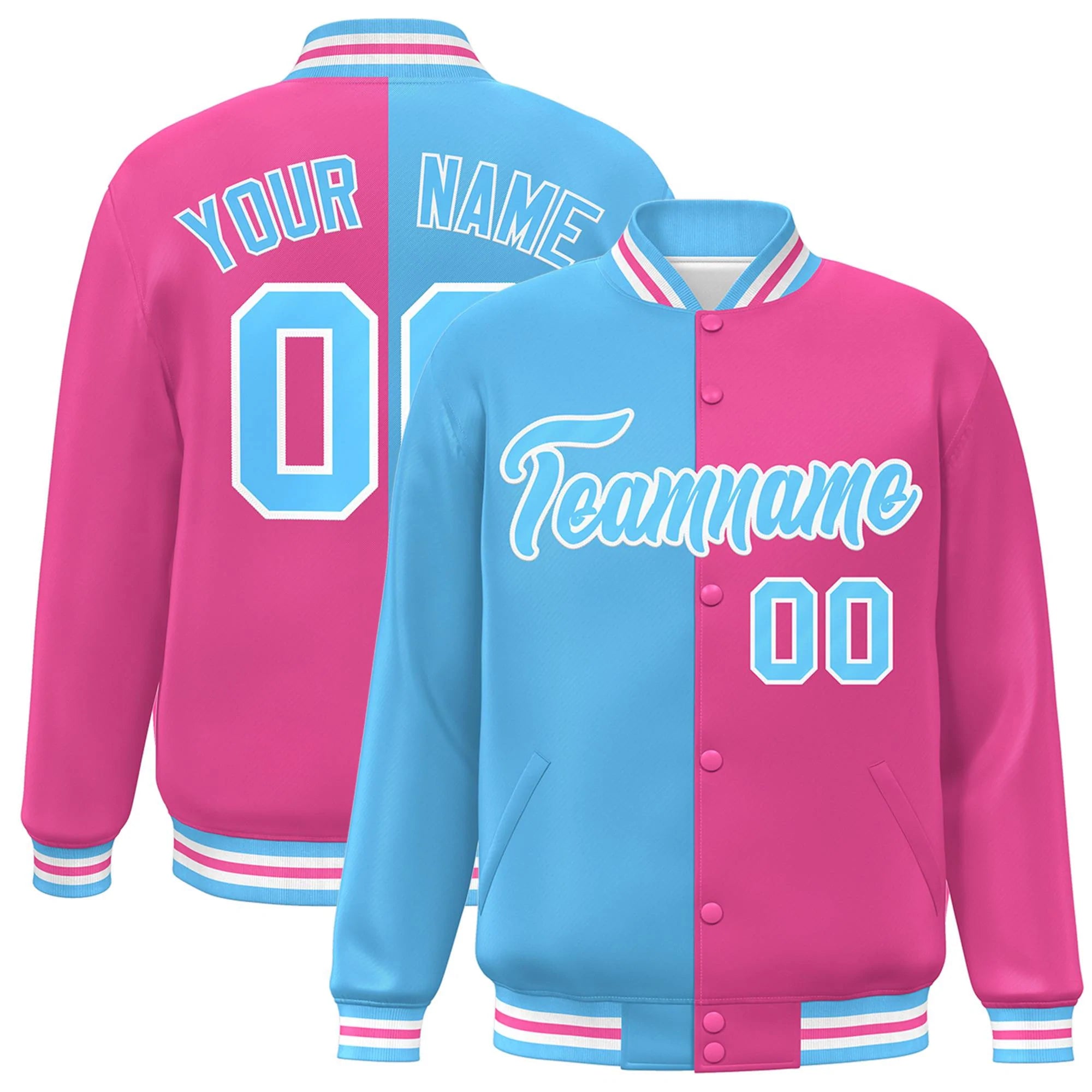 Custom Pink Light Blue-White Letterman Two Tone Split Fashion Varsity Full-Snap Jacket