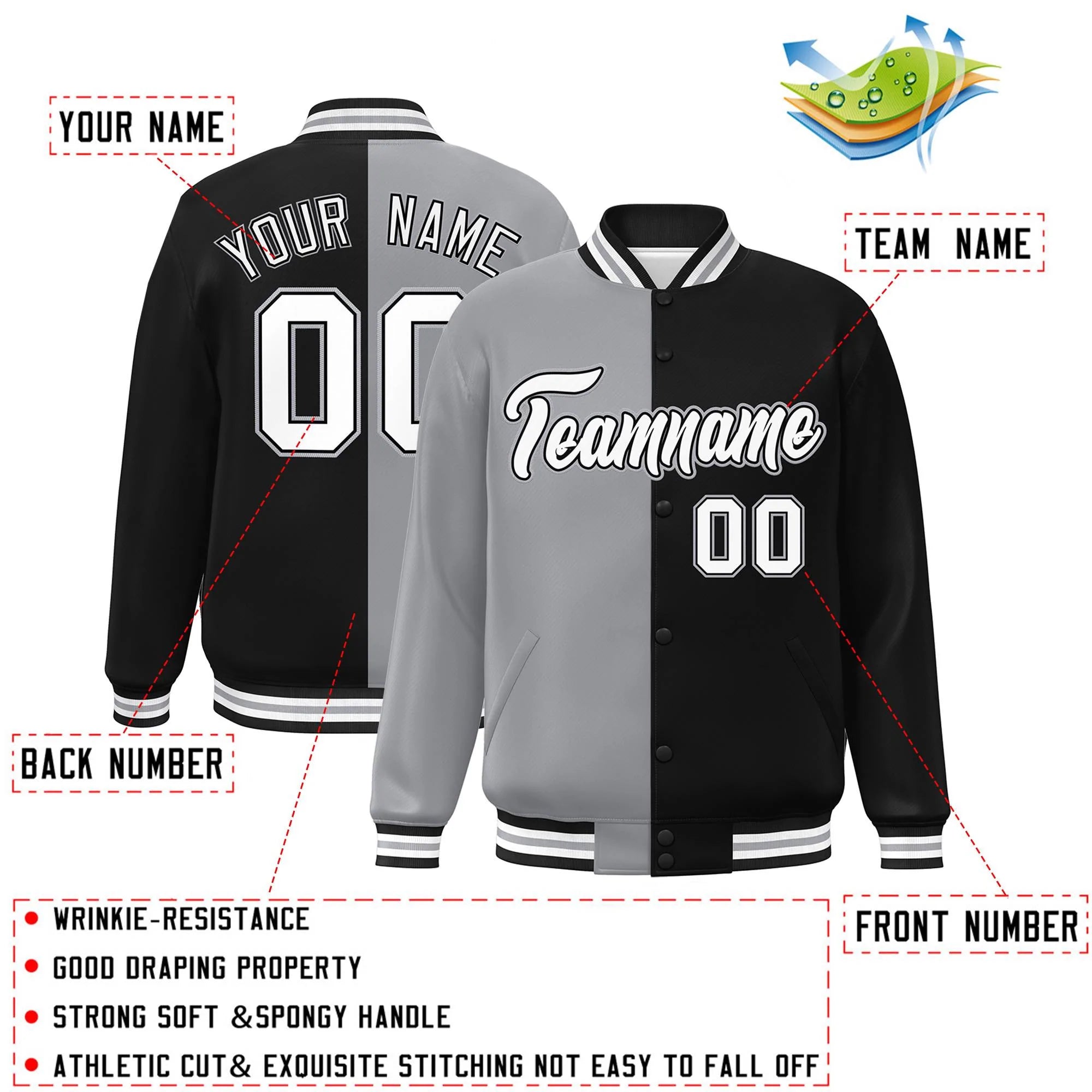 Custom Black Gray-White Letterman Two Tone Split Fashion Varsity Full-Snap Jacket