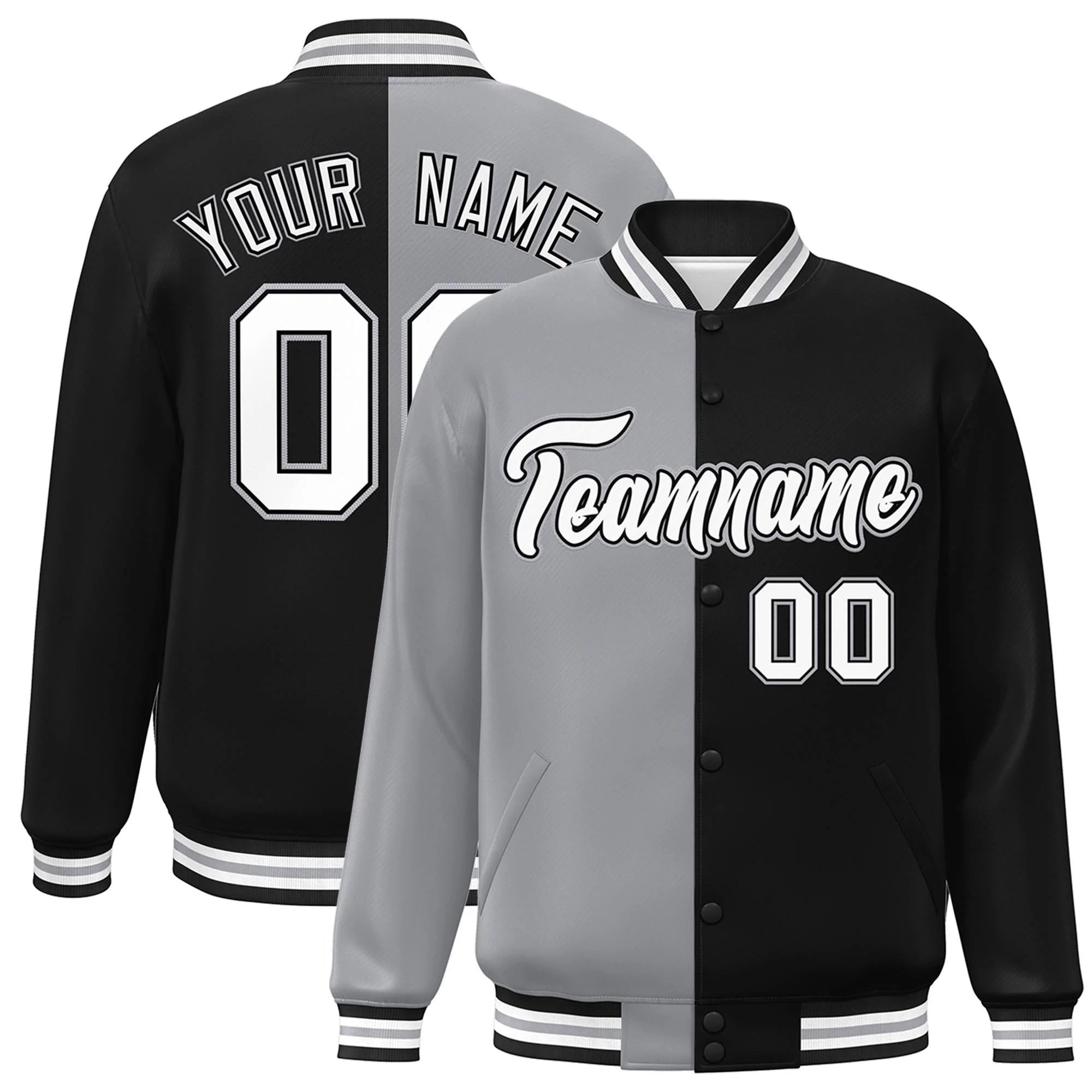 Custom Black Gray-White Letterman Two Tone Split Fashion Varsity Full-Snap Jacket