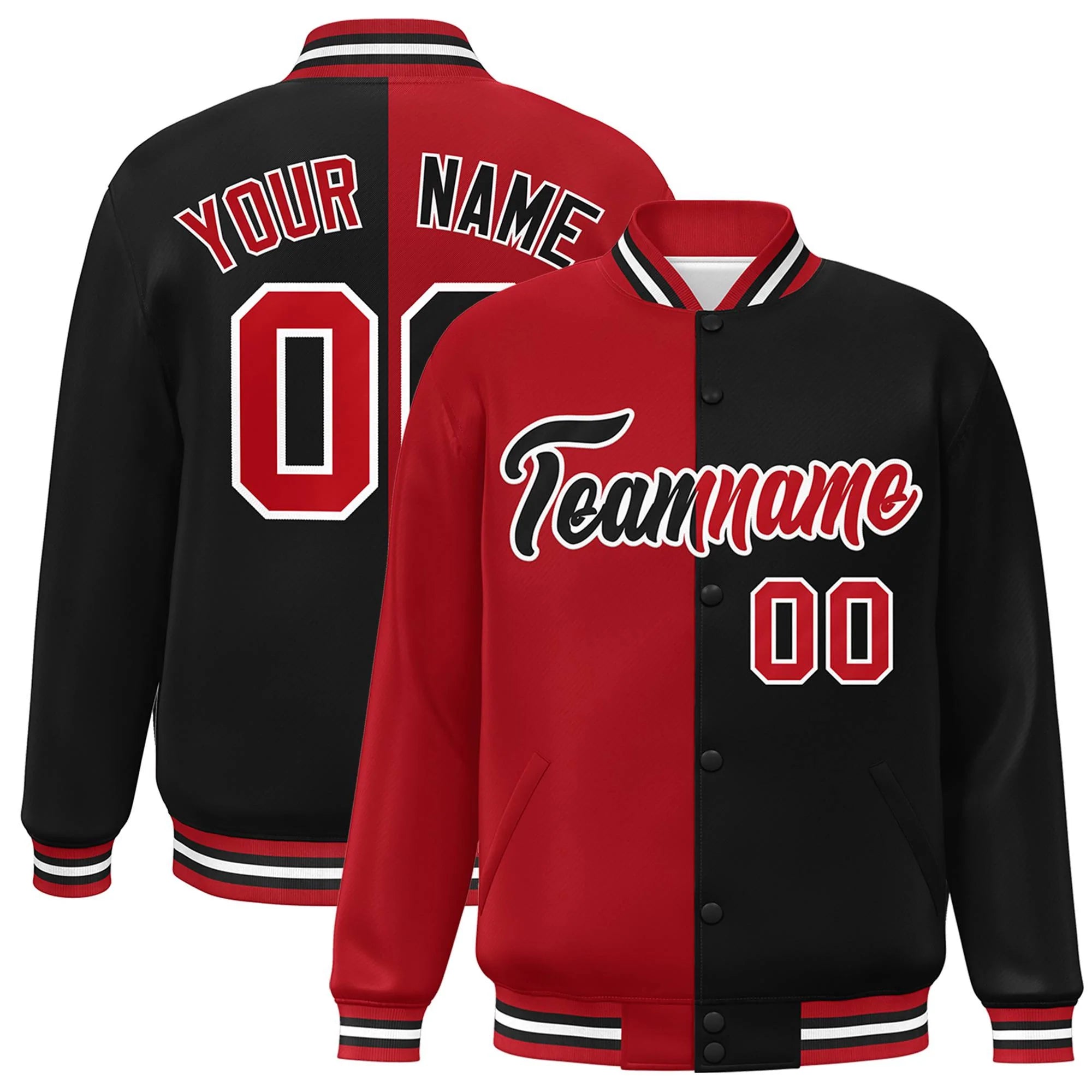 Custom Black Red-White Letterman Two Tone Split Fashion Varsity Full-Snap Jacket