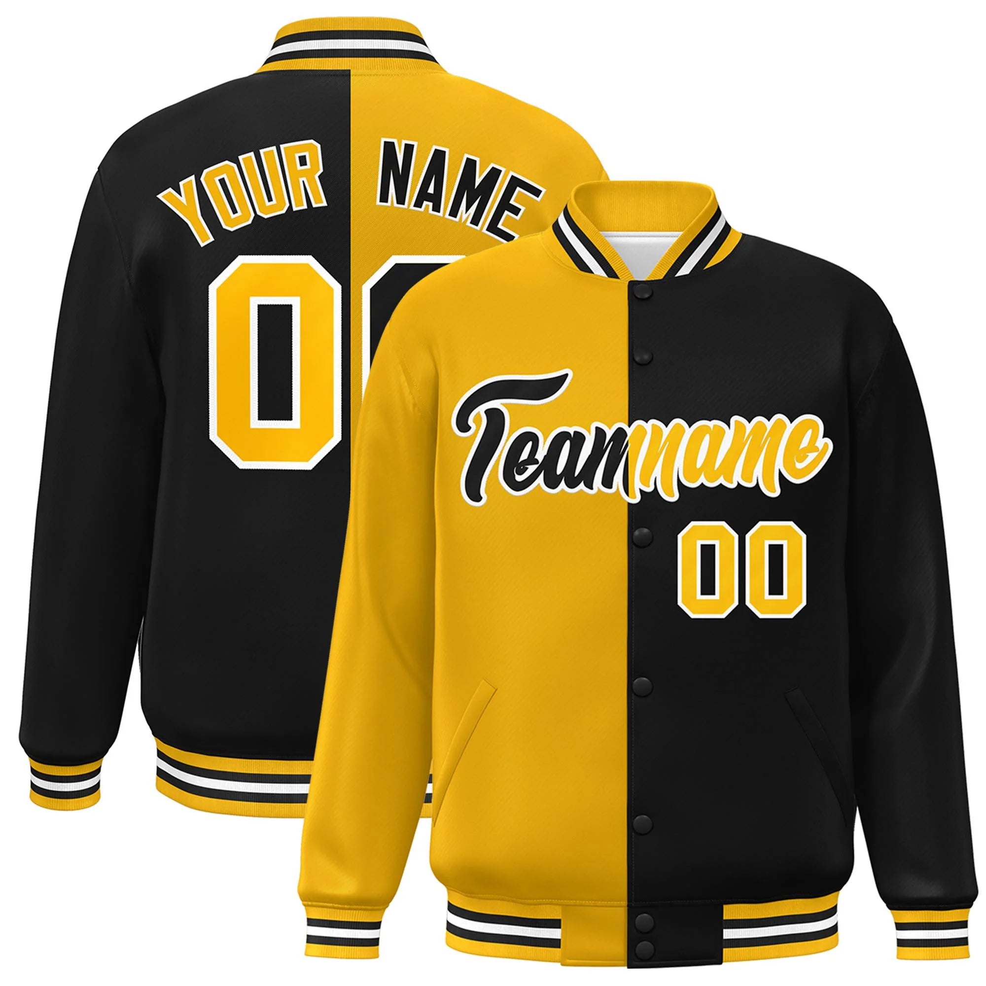 Custom Black Gold-White Letterman Two Tone Split Fashion Varsity Full-Snap Jacket