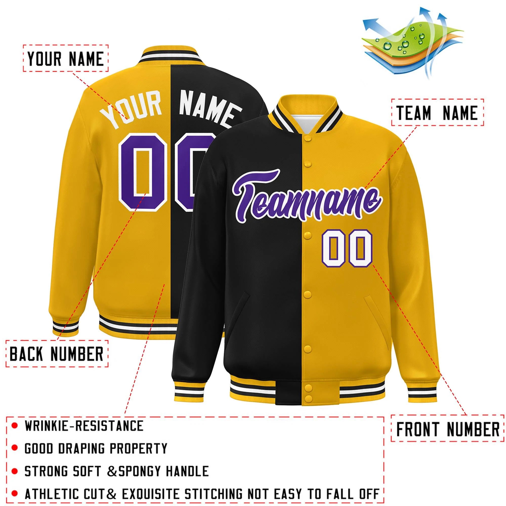 Custom Gold Noir-Violet Letterman Deux Tons Split Fashion Varsity Full-Snap Jacket