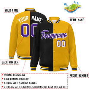 Custom Gold Noir-Violet Letterman Deux Tons Split Fashion Varsity Full-Snap Jacket