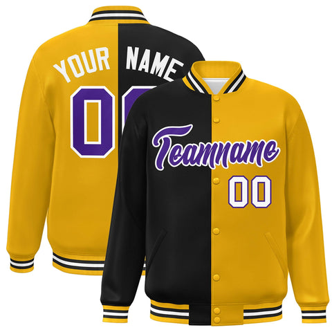 Custom Gold Black-Purple Letterman Two Tone Split Fashion Varsity Full-Snap Jacket
