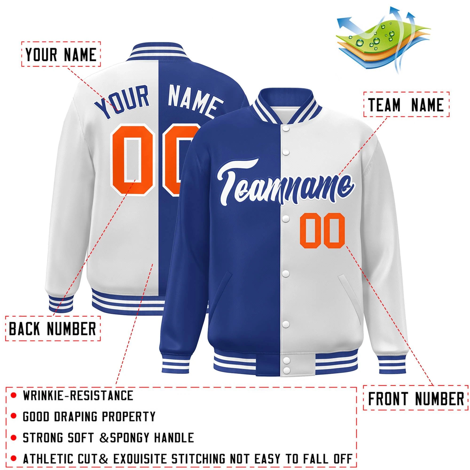 Veste Varsity Full-Snap Custom White Royal Letterman bicolore fendue