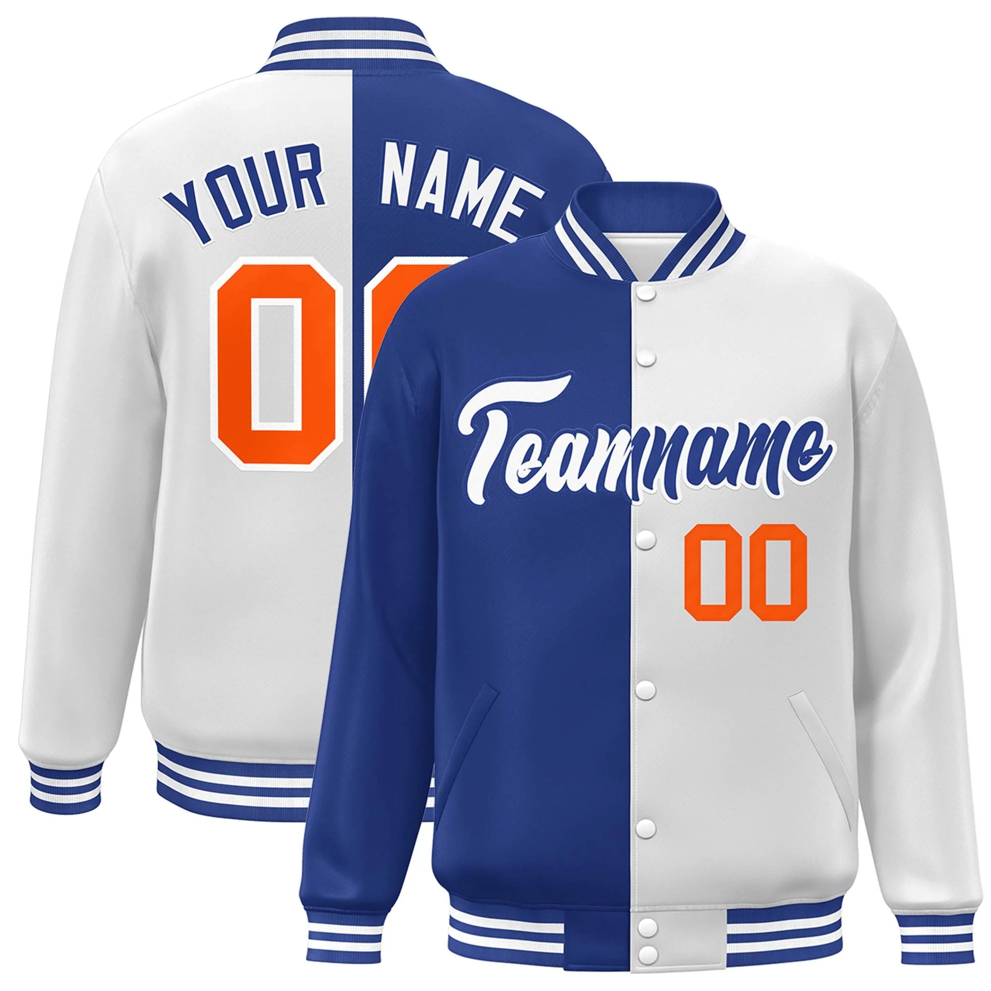 Veste Varsity Full-Snap Custom White Royal Letterman bicolore fendue