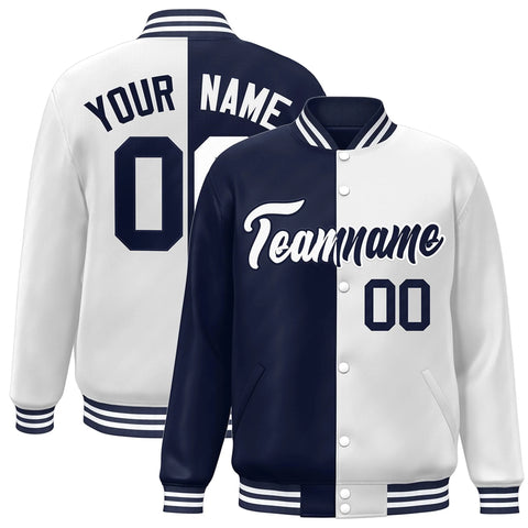 Custom White Navy Letterman Two Tone Split Fashion Varsity Full-Snap Jacket