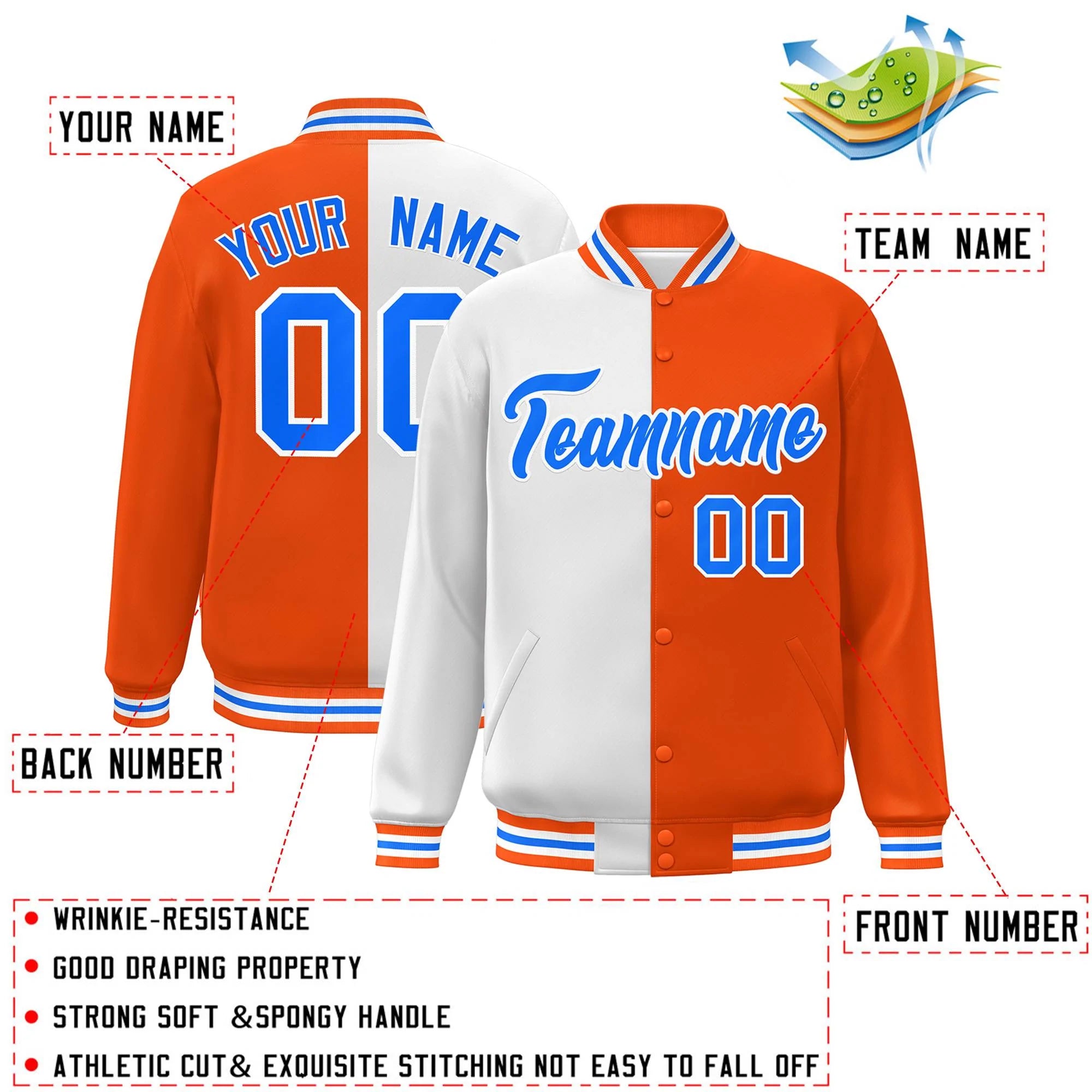 Custom Orange White-Powder Blue Letterman Two Tone Split Fashion Varsity Full-Snap Jacket